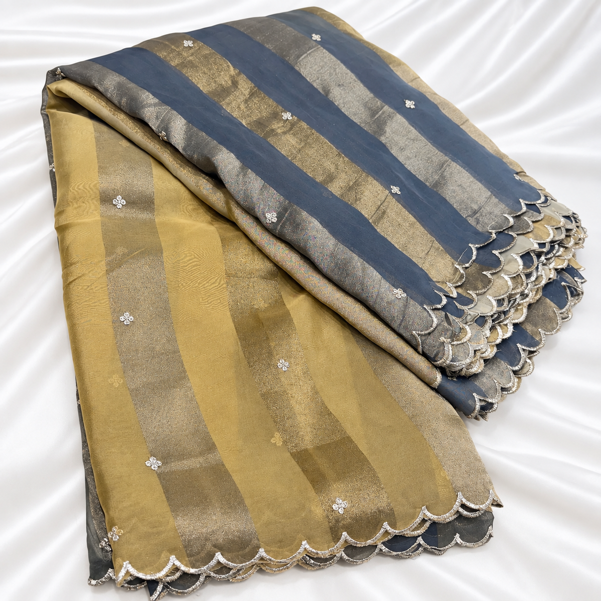 4D Organza Tissue Stripes with Scallop Borders 40” (₹450 per meter)
