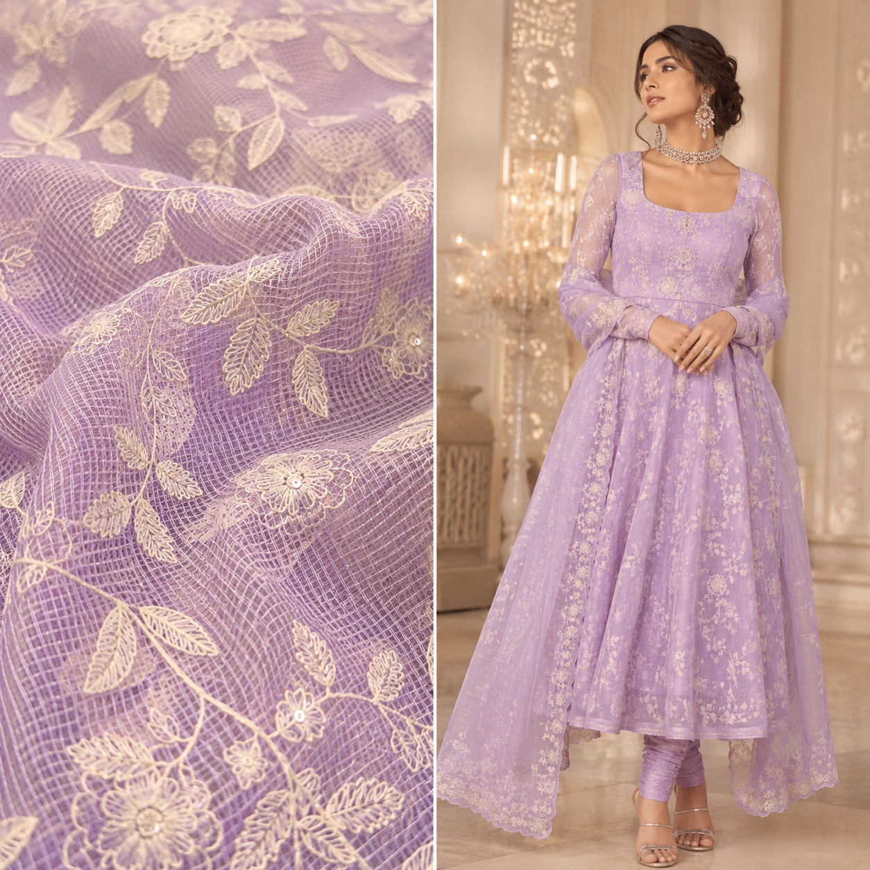 Premium Floral Embroidered Kota Doriya Fabric (₹400 per meter)