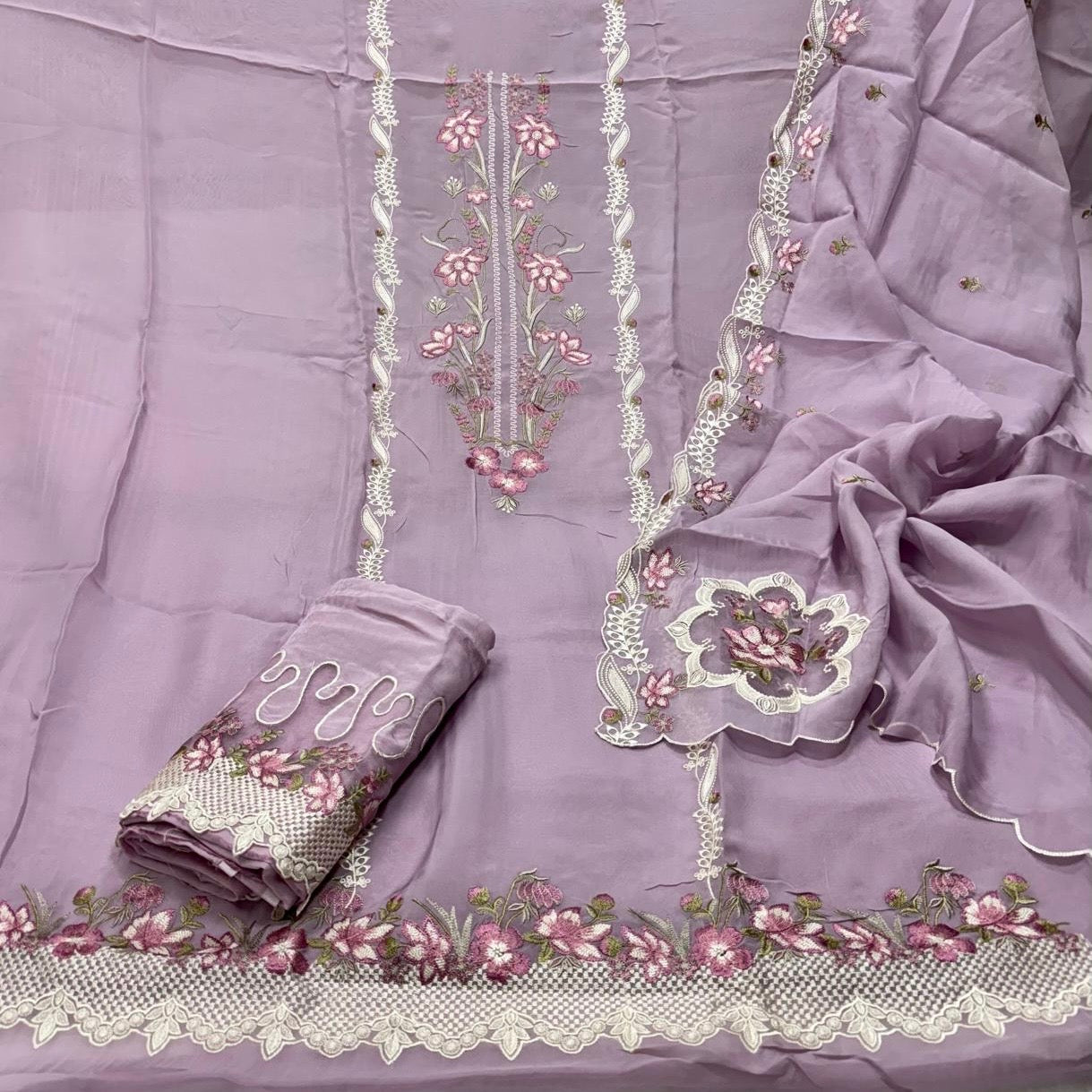 Pure Organza Resham Thread Work with Pure Crepe Bottom Suit