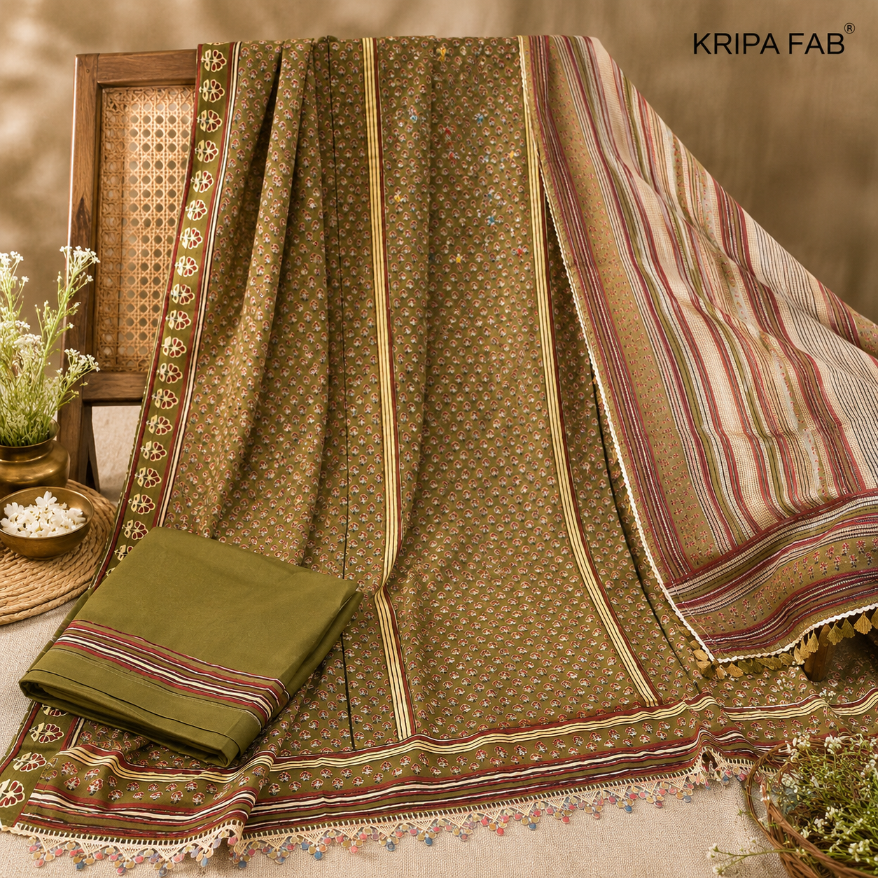 Organic Cotton Lacework Unstitched Suit Olive Green (₹2550 per suit)
