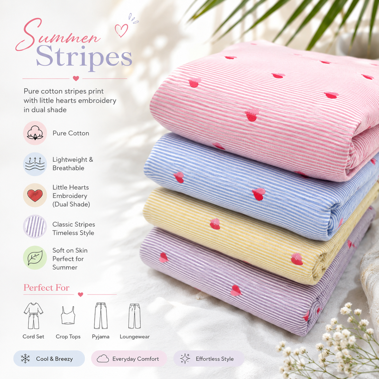 Sky Blue Heart Embroidered Cotton Stripe Fabric | Soft Breathable Summer Dress Material | Premium Apparel Fabric by KripaFAB