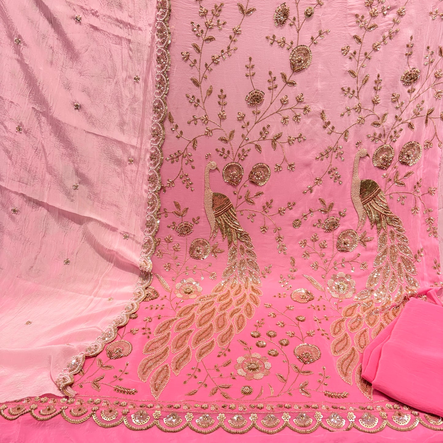 Peacock Crepe Cutdana Nalki Work Unstitched Suit