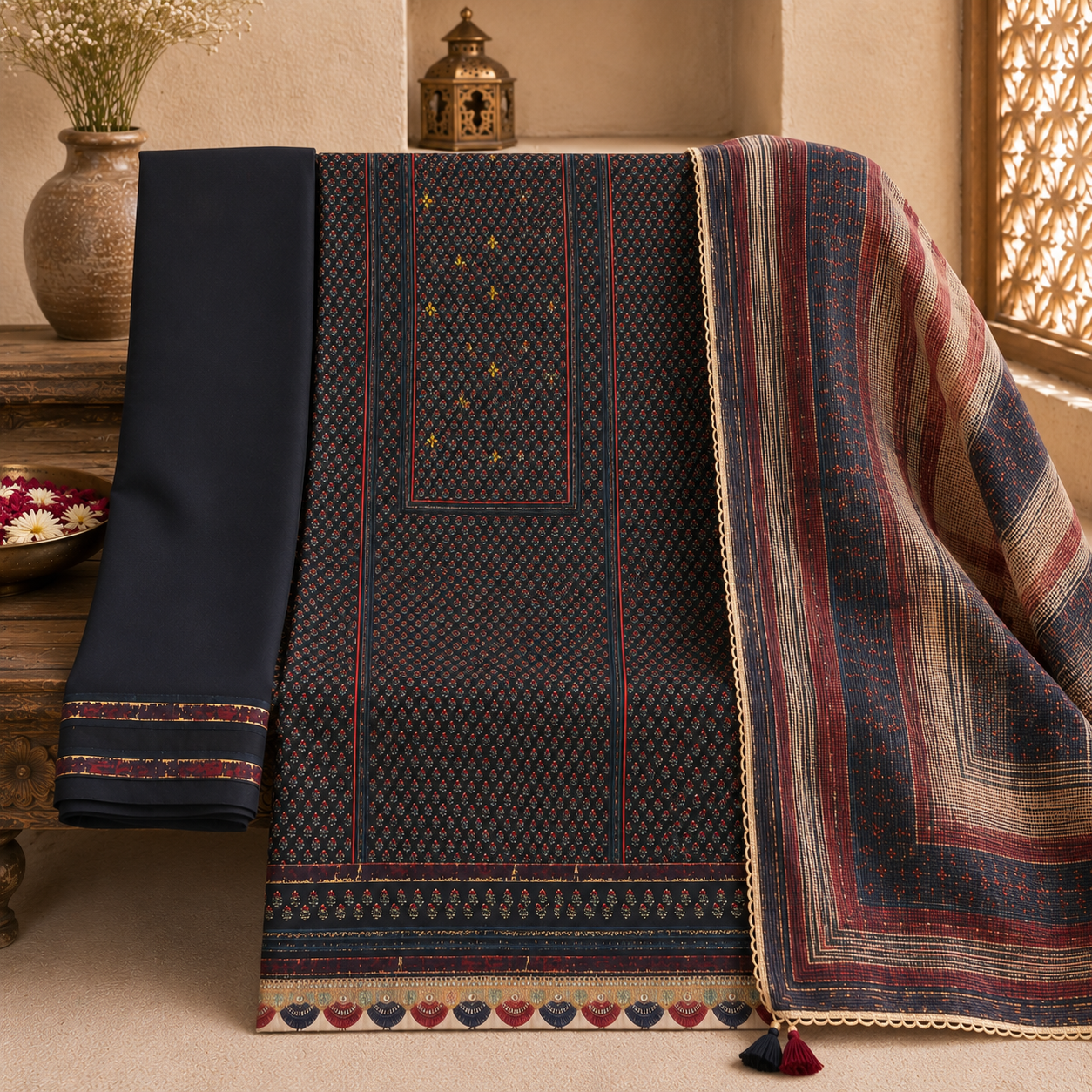 Organic Cotton Lacework Unstitched Suit Surmyi Black (₹2550 per suit)