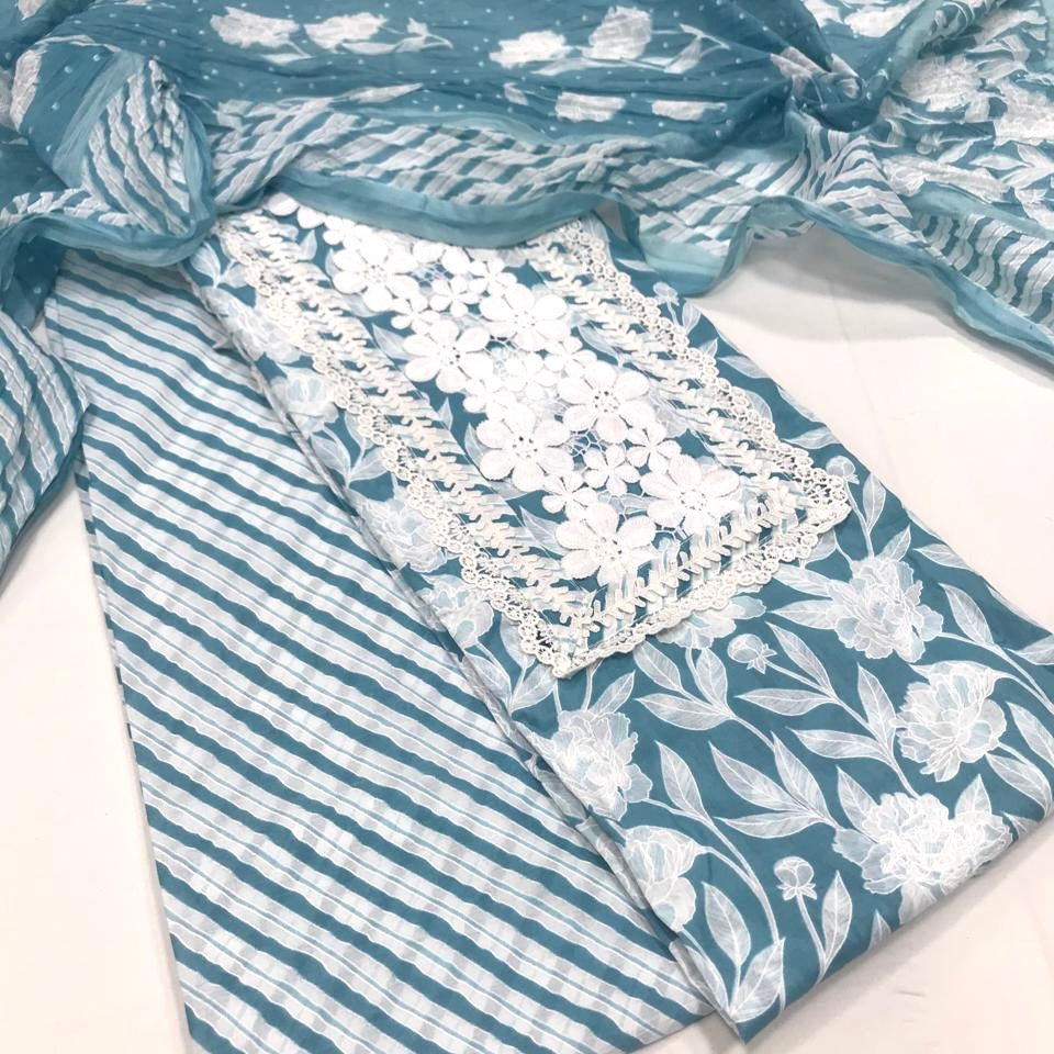 Pure Cotton Print with Lace work Suit (3pc)