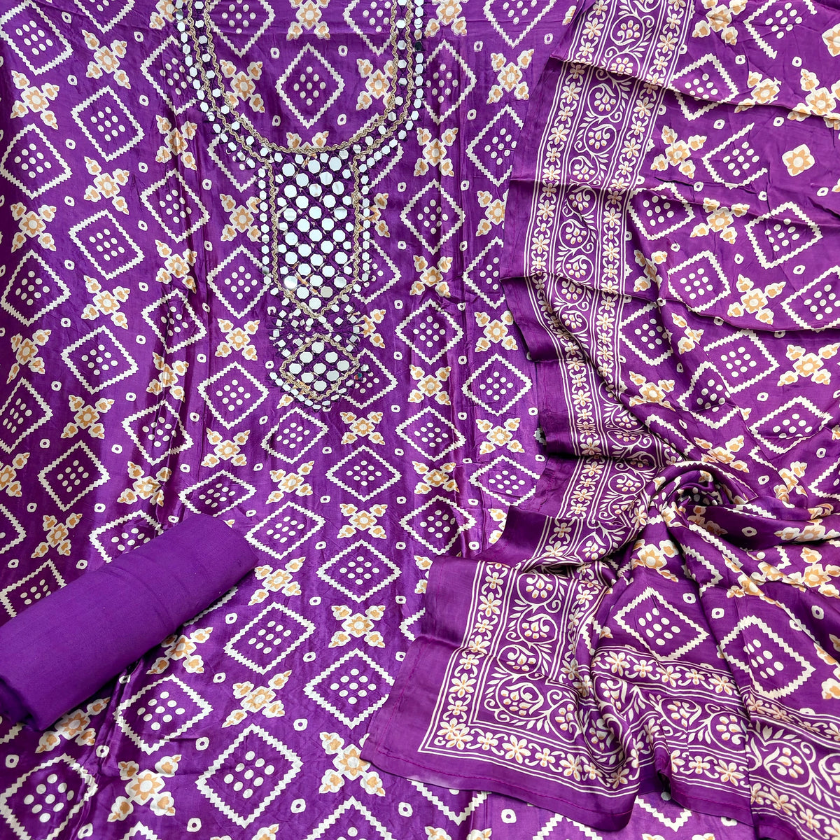 Authentic Gajji Silk Unstitched Suit with Mirror Neckline (₹3295 per suit)