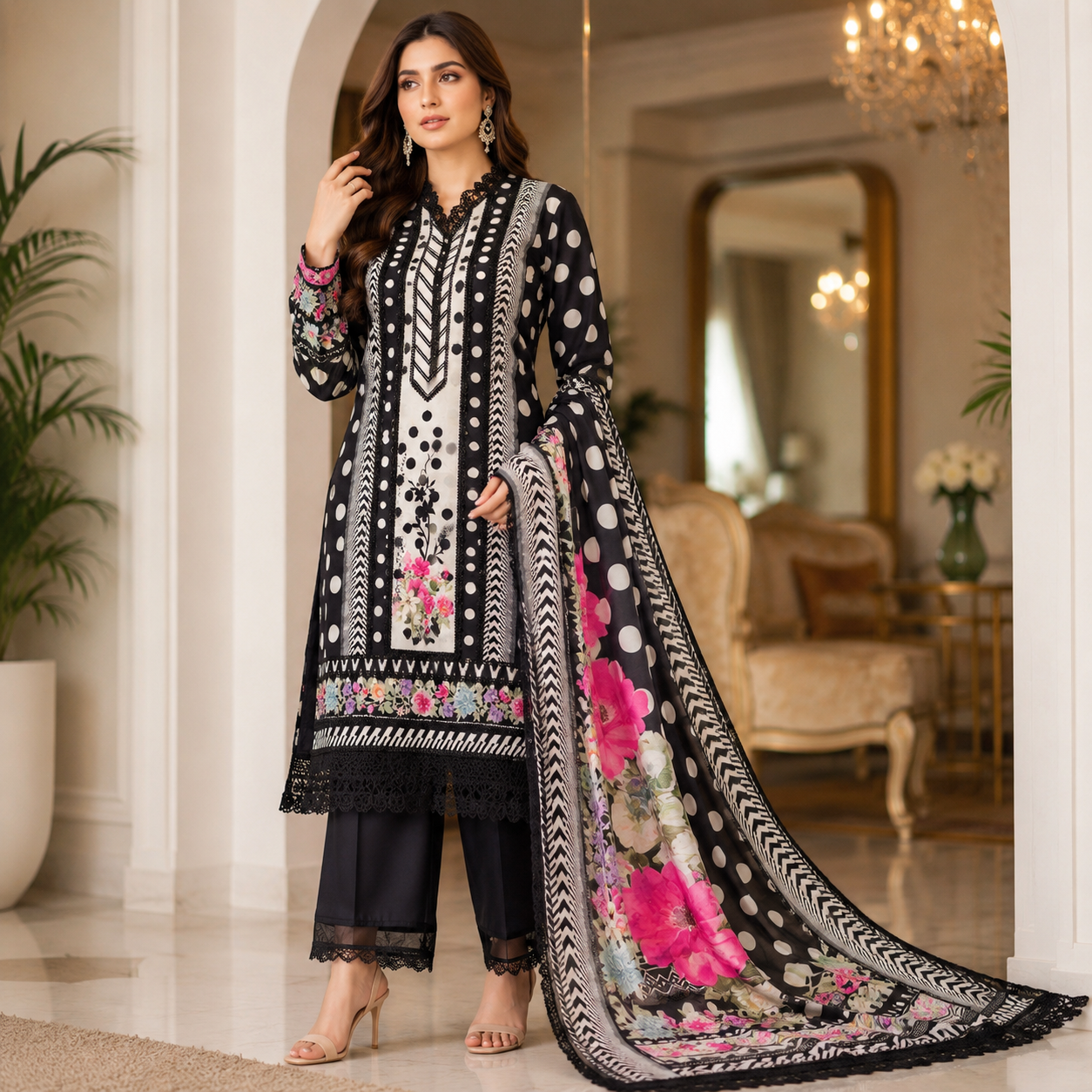 Pure Cotton Polka Print Unstitched Suit Set with Lace Work & Muslin Dupatta (₹2495/Suit)