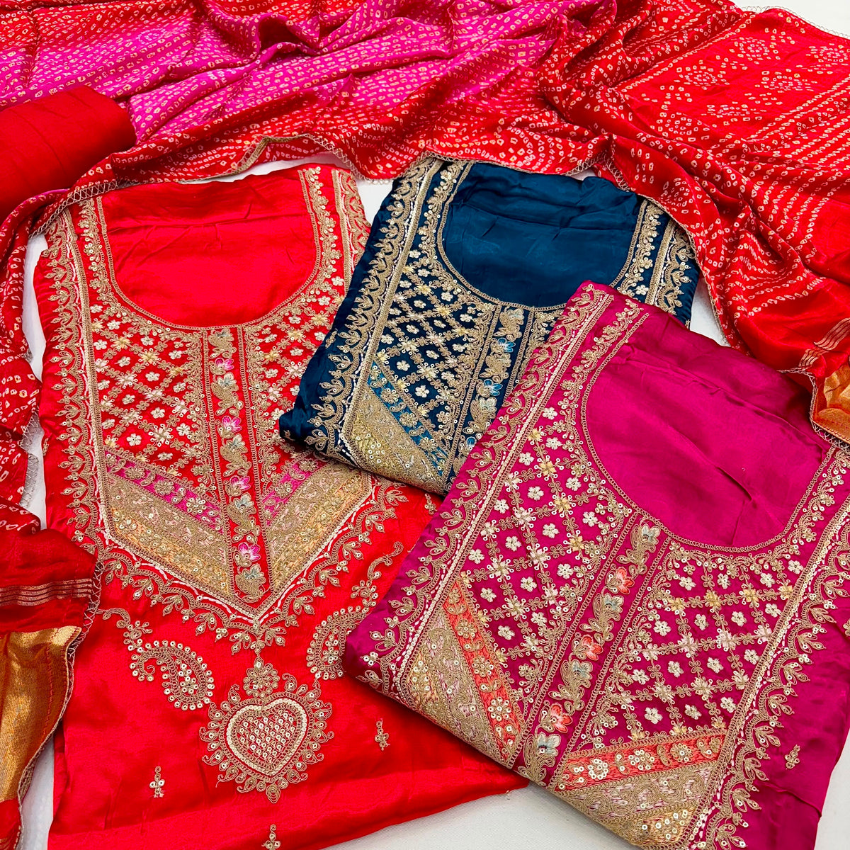 Gajji Silk Unstitched Suit with Embroidered Neckline & Bandhani Print (₹3700 per suit)