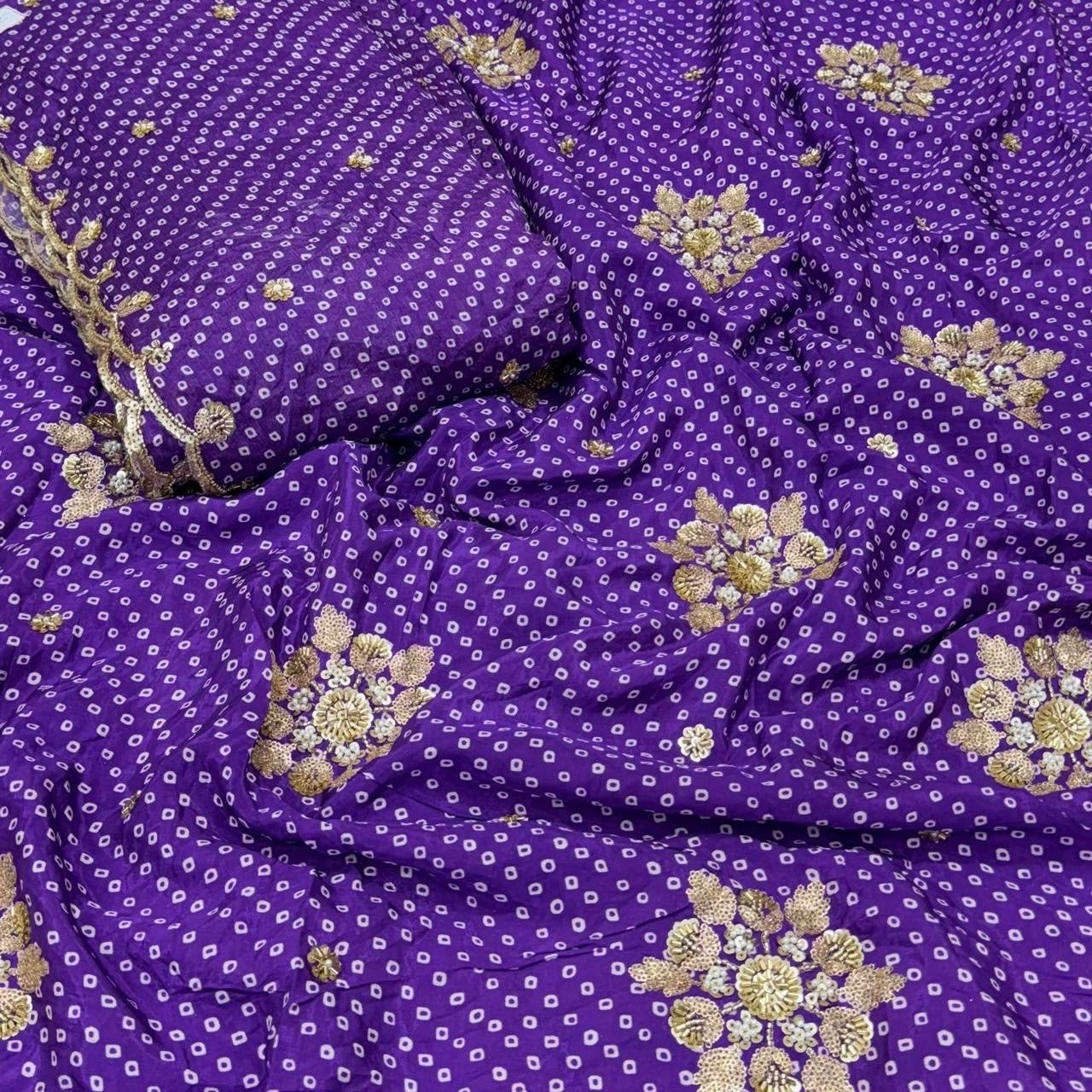 Pure Crepe Bandhani Cutdana Nalki Work with Matching Chinon Dupatta