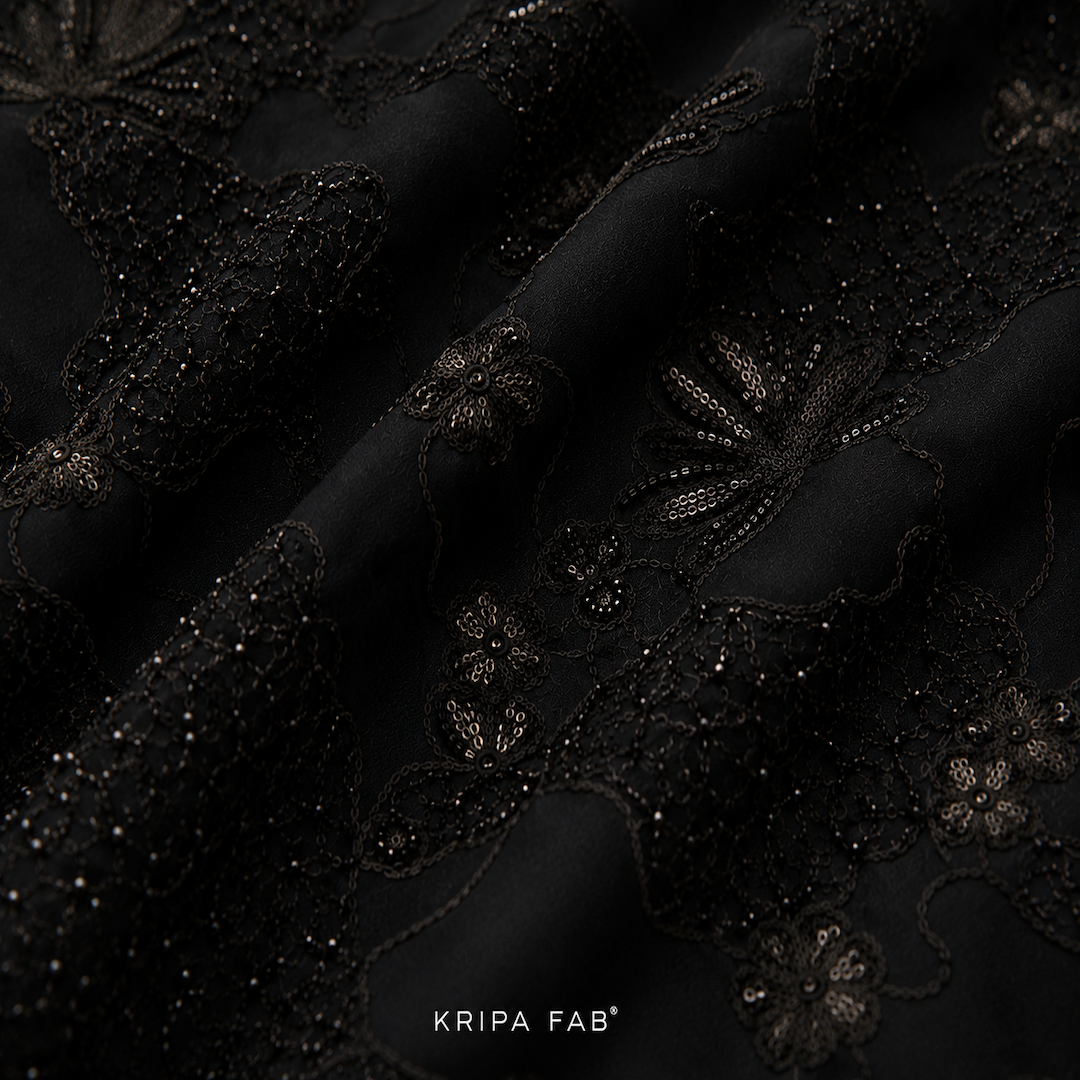 Pure Georgette Beads Cutdana and Sequins Embroidered Fabric Black (₹950 per meter)
