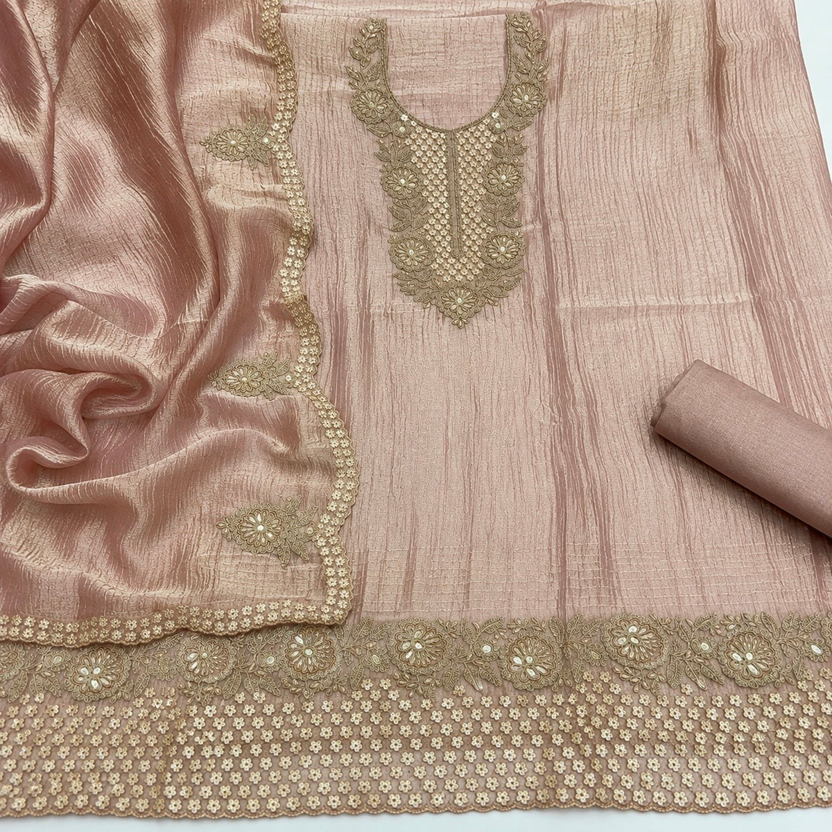 Premium Crush Tissue Embroidered Unstitched Suit Set | Festive Wear Dress Material | 4 Colours (₹4400 per suit)