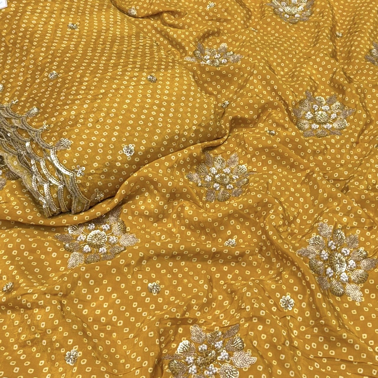 Pure Crepe Bandhani Cutdana Nalki Work with Matching Chinon Dupatta