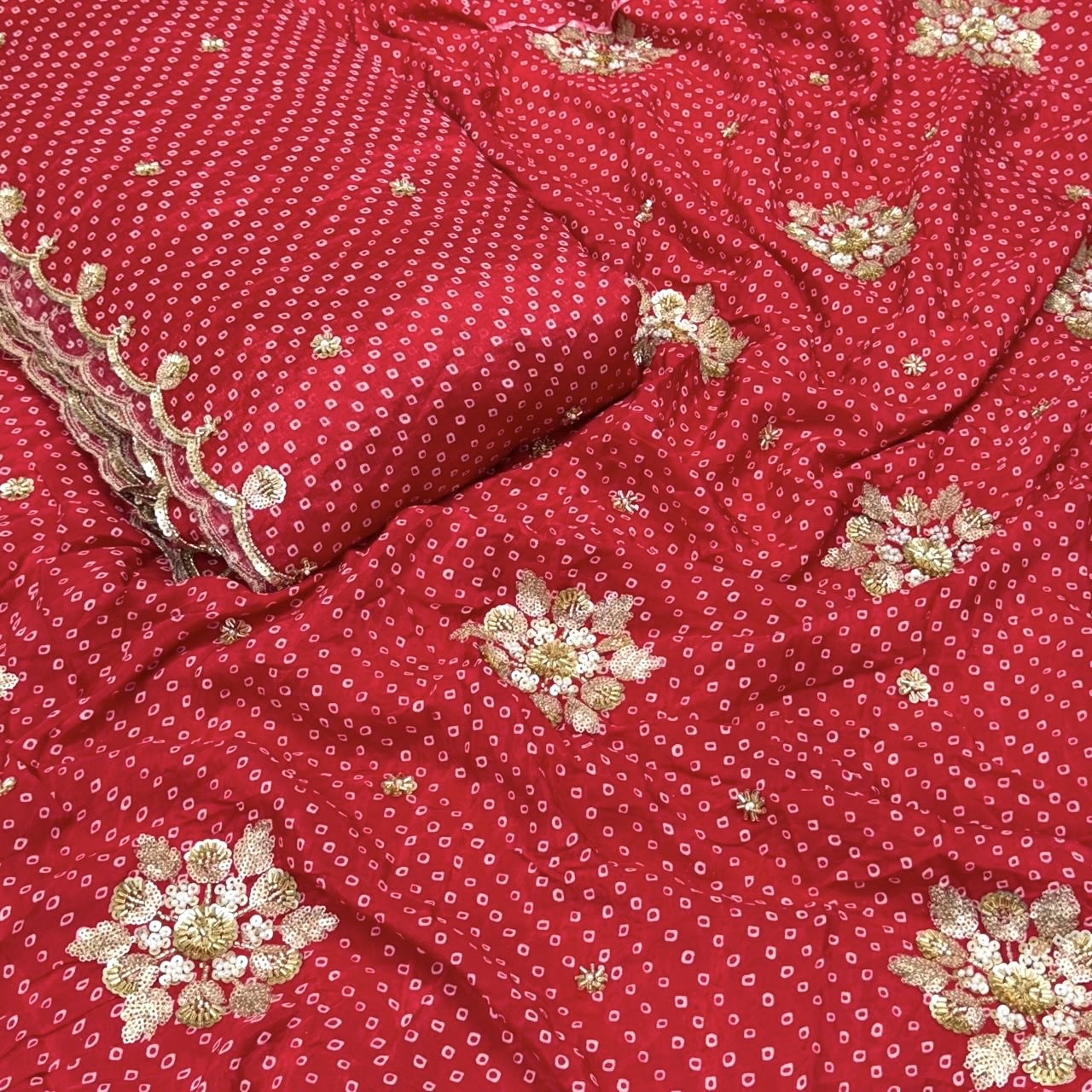 Pure Crepe Bandhani Cutdana Nalki Work with Matching Chinon Dupatta