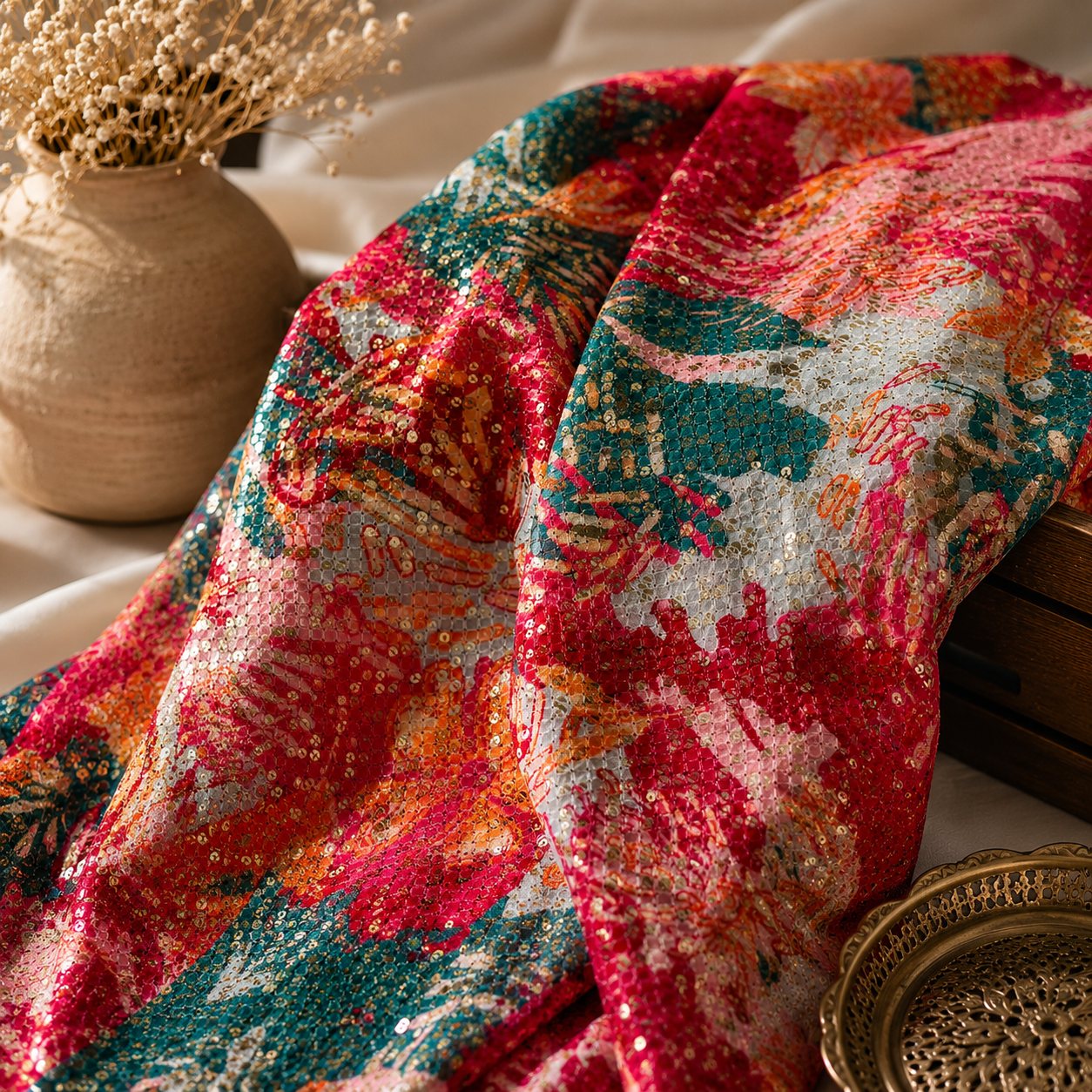 Pure Chinon Print with Embroidery Multi Coloured (₹675 per meter)