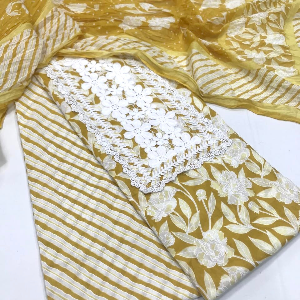 Pure Cotton Print with Lace work Suit (3pc)