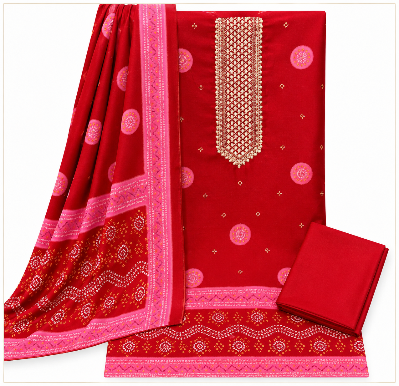 Premium Gajji Silk Unstitched Suit with Embroidered Neckline & Traditional Bandhani Print (₹1895 per suit)