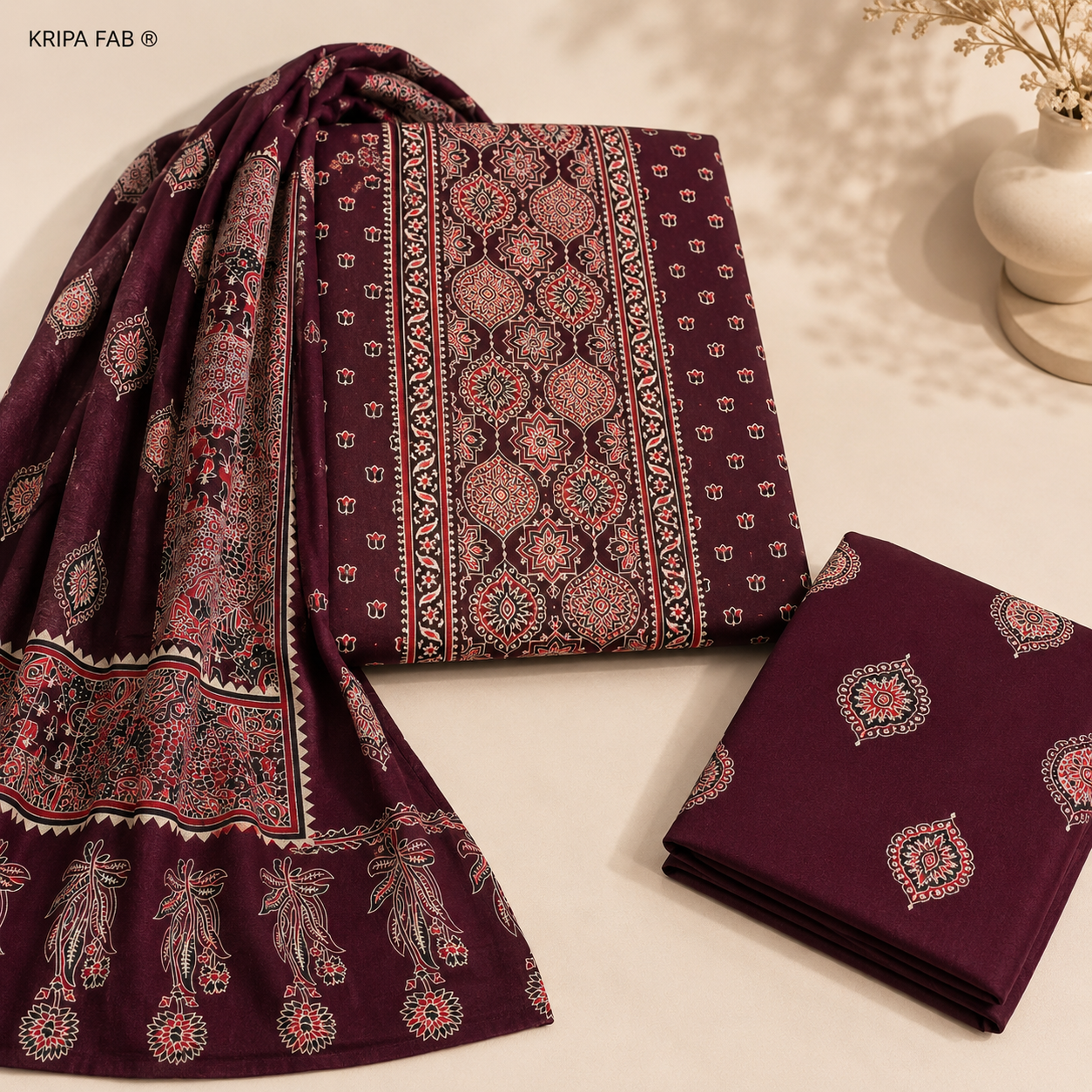 Premium Rayon Cotton Ajrakh Printed Unstitched Suit with Dupatta (₹1399 per suit)