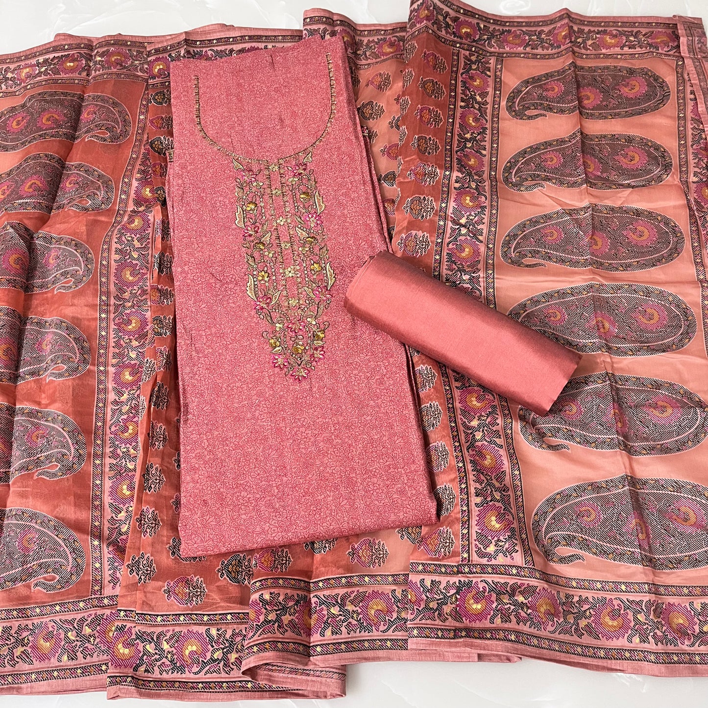 Muslin Silk Embroidered Suit (Unstitched)