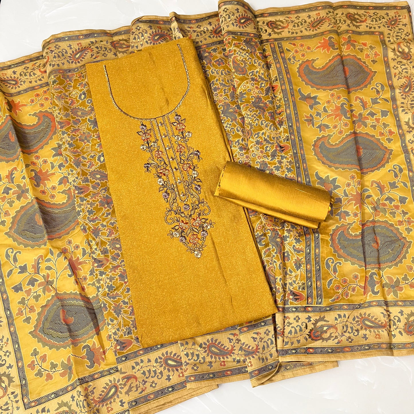 Muslin Silk Embroidered Suit (Unstitched)