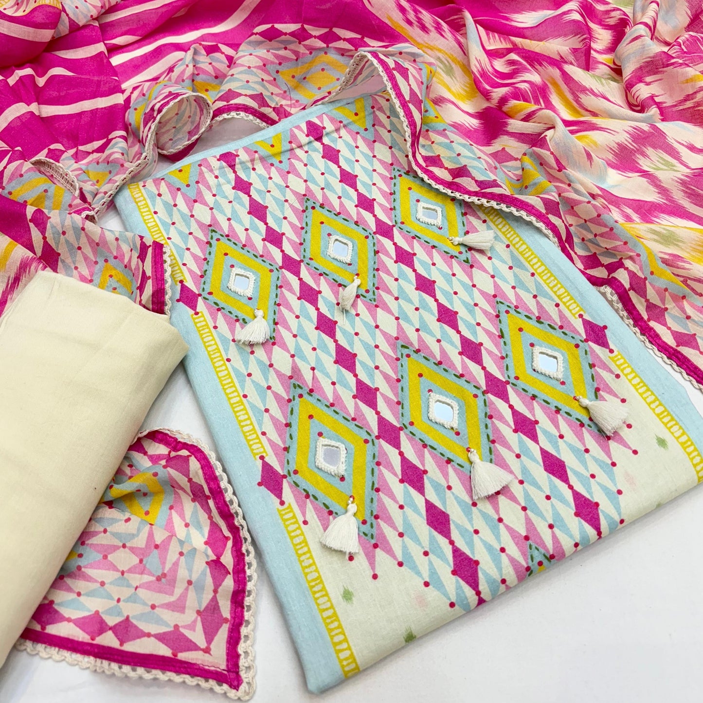 Premium Pure Cotton Mirror Work Unstitched Suit with Lace Work Dupatta (₹1990 per suit)