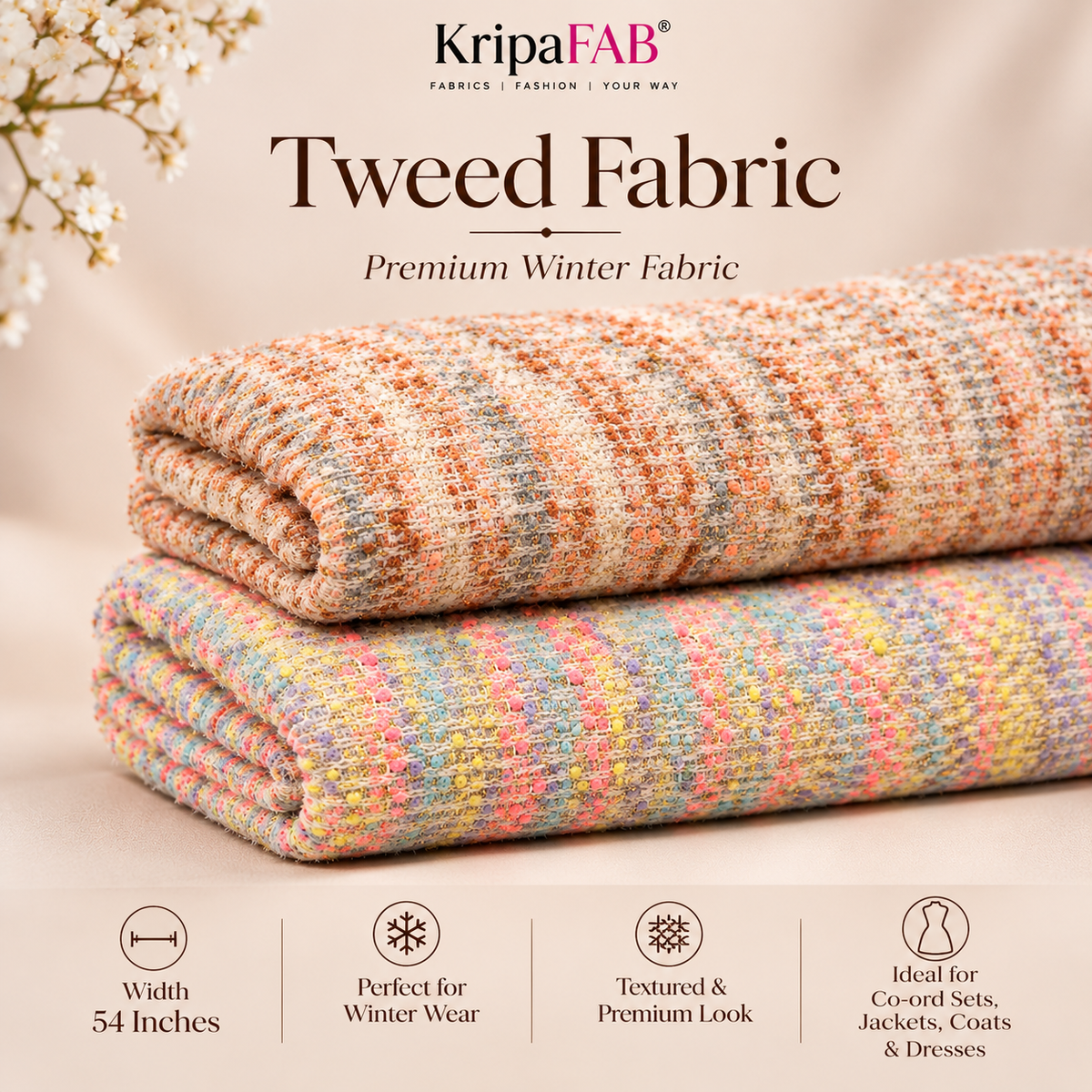 Premium Multicolor Tweed Fabric with Golden Shimmer | 54 Inch Wide Winter Fabric for Co-Ord Sets, Jackets & Coats etc (₹1050 per meter)