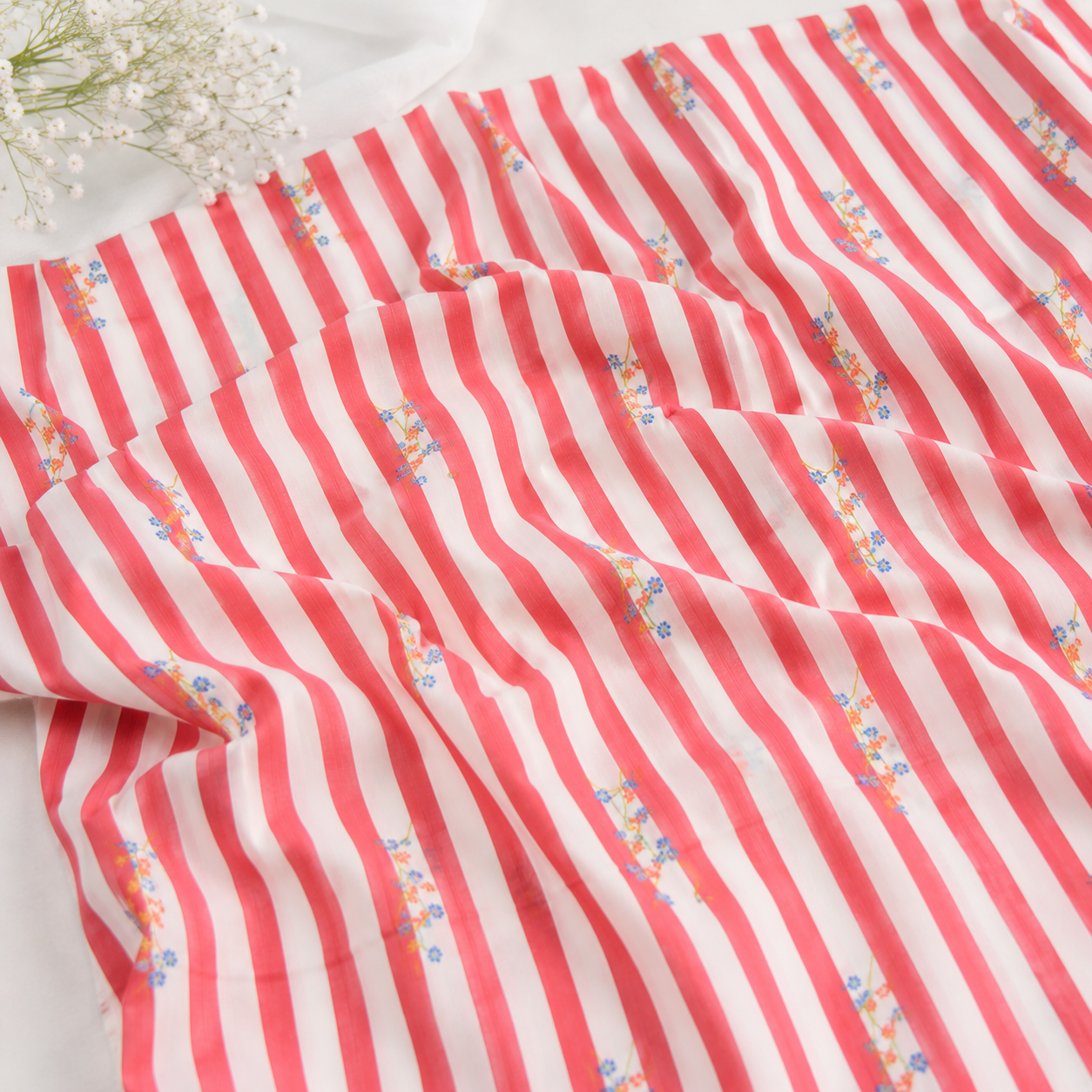 Pure Organic Cotton Digital Print Floral Stripe Fabric – Gajri Red| Soft Breathable Summer Fabric | 44” Width (₹300 per meter)