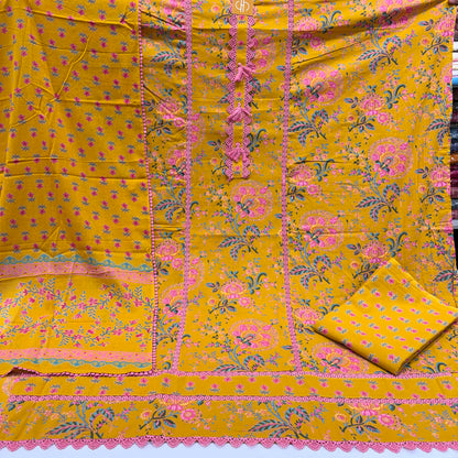 Pure Cotton 3pc Lace Suit (Unstitched)