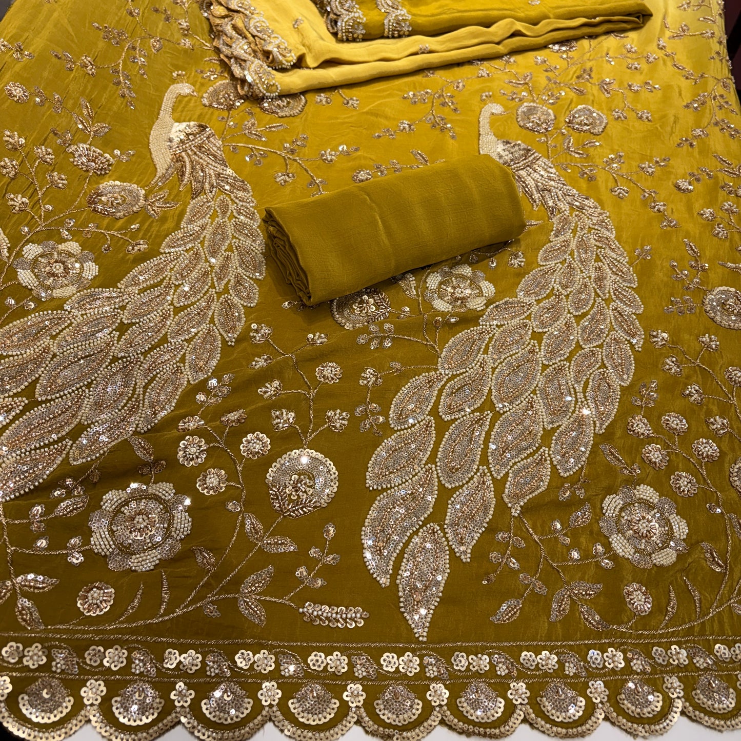 Peacock Crepe Cutdana Nalki Work Unstitched Suit
