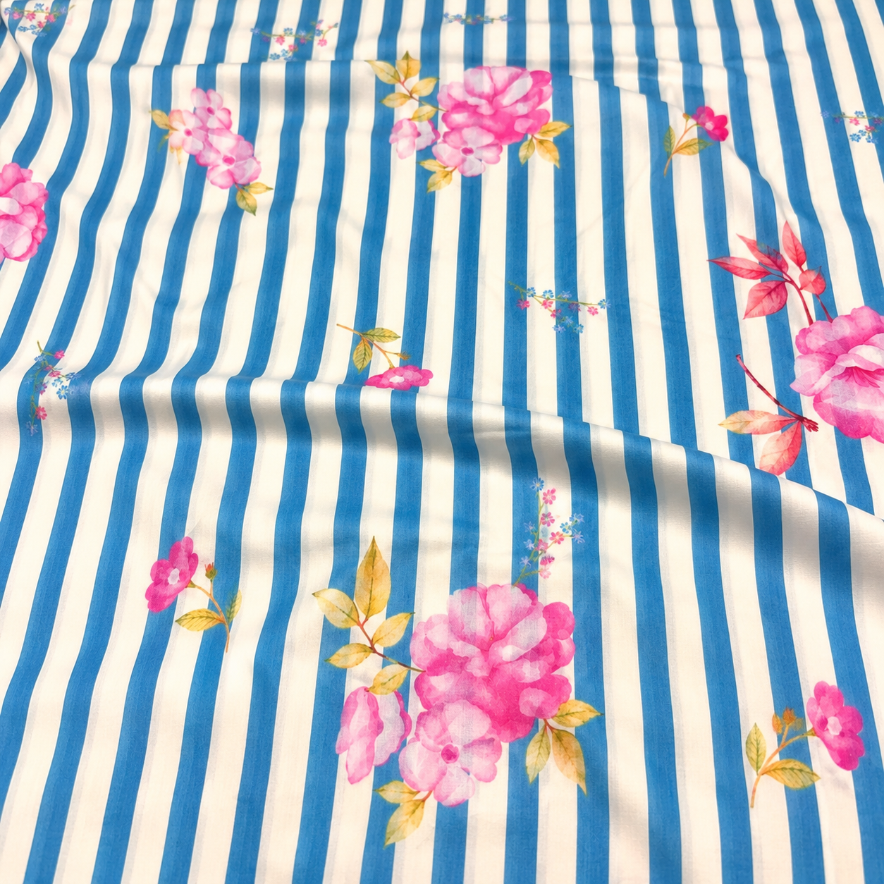 Pure Organic Cotton Digital Print Floral Stripe Fabric – Blue | Soft Breathable Summer Fabric | 44” Width (₹300 per meter)