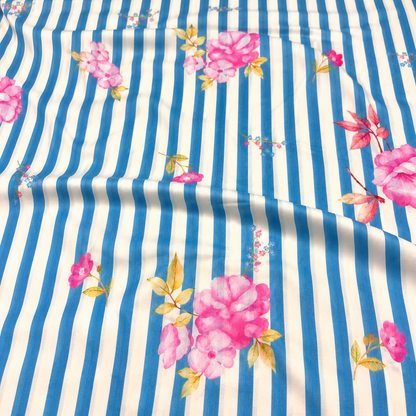 Pure Organic Cotton Digital Print Floral Stripe Fabric – Blue | Soft Breathable Summer Fabric | 44” Width (₹300 per meter)