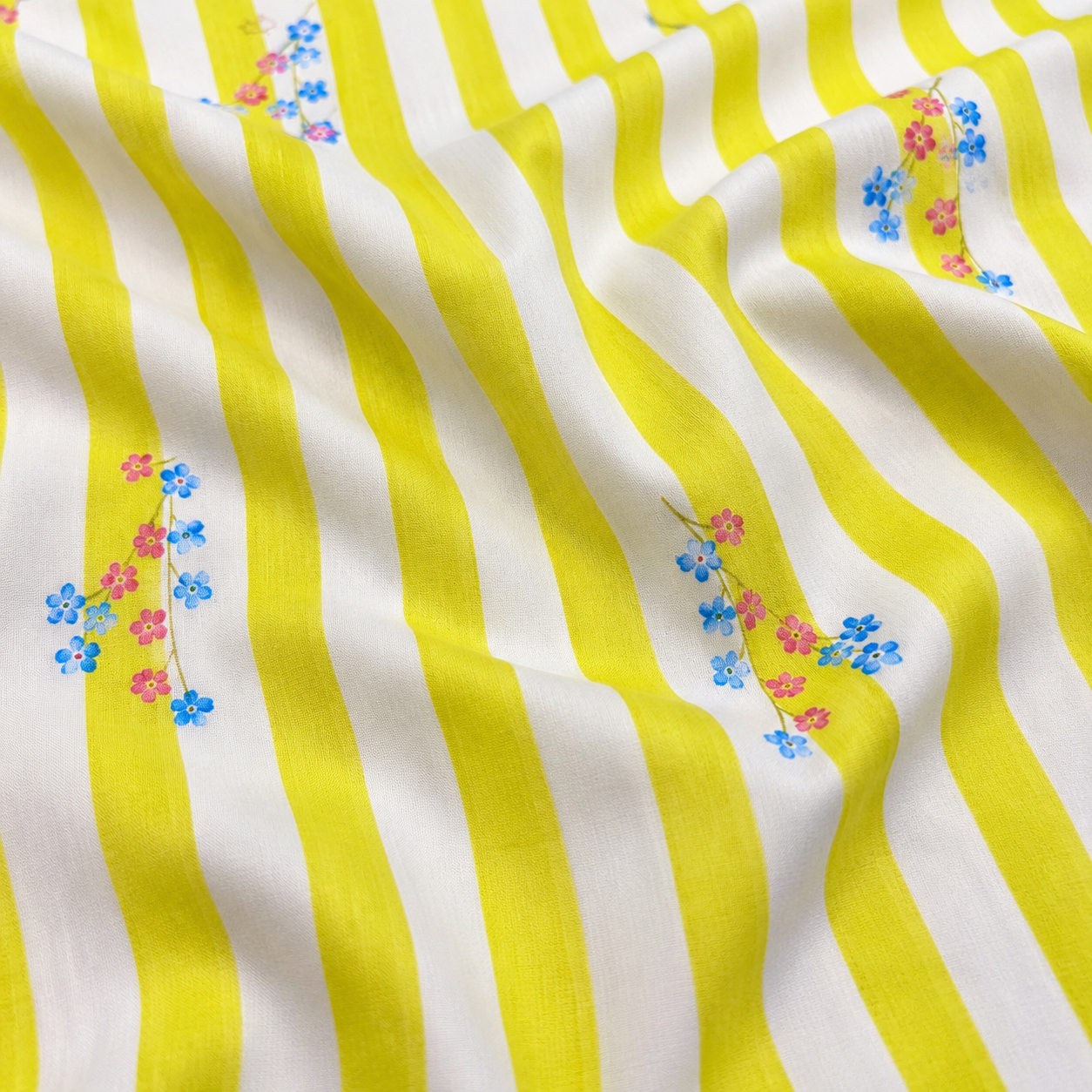 Pure Organic Cotton Digital Print Floral Stripe Fabric – Lime Yellow | Soft Breathable Summer Fabric | 44” Width (₹300 per meter)