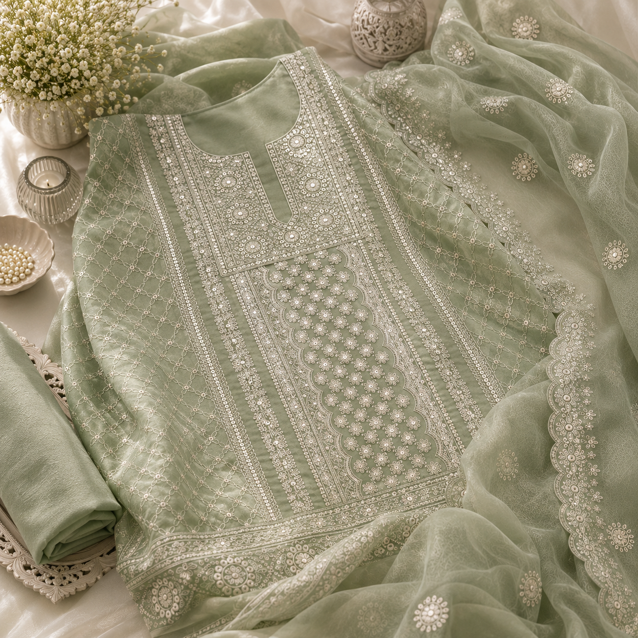 Pure Viscose Georgette Lakhnavi Embroidered Unstitched Suit with Faux Mirror Work & Pure Chiffon Dupatta (₹2599 per suit)
