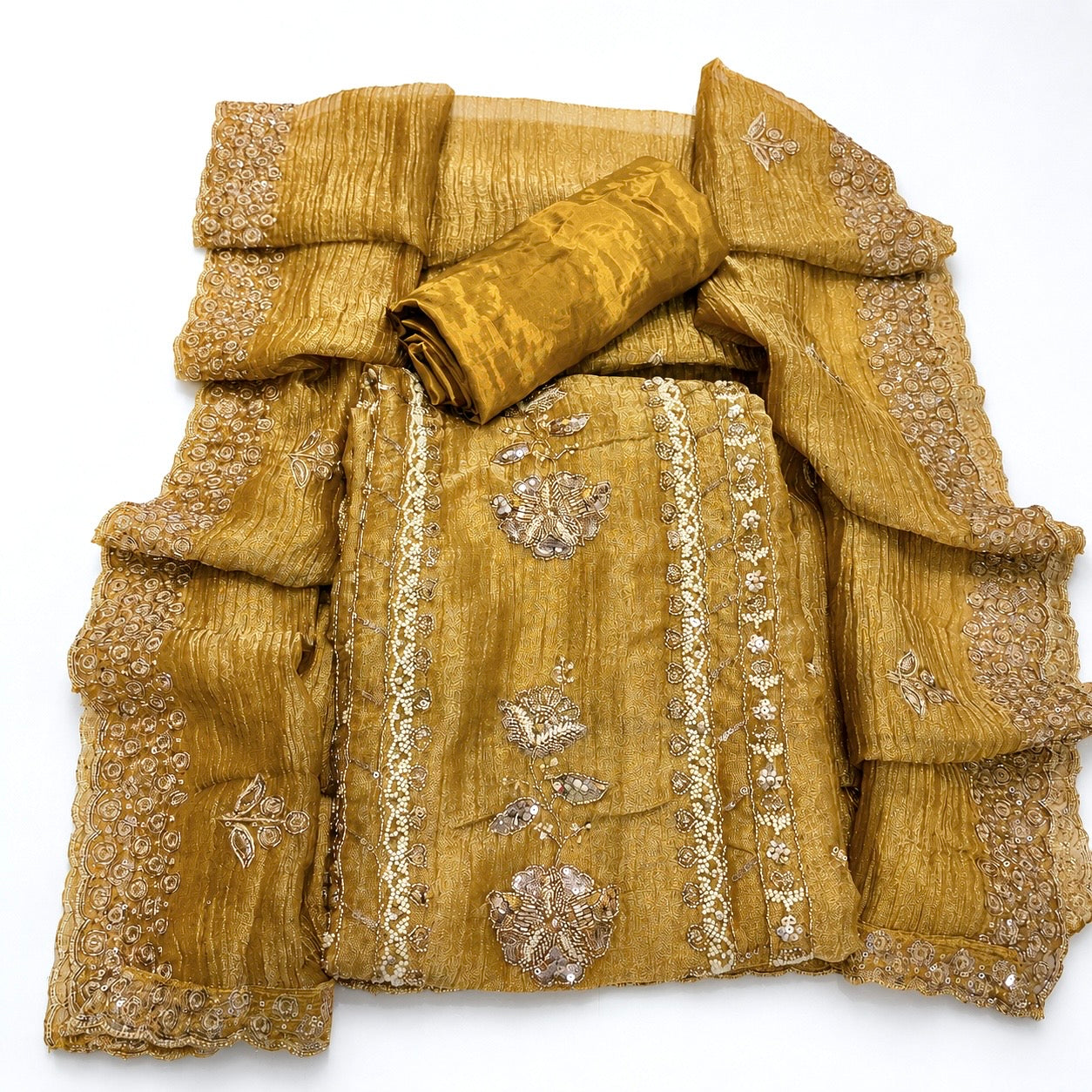 Designer Crushed Tissue Beads Hand Embroidered Party Wear Unstitched Suit Set (₹3700 per suit)