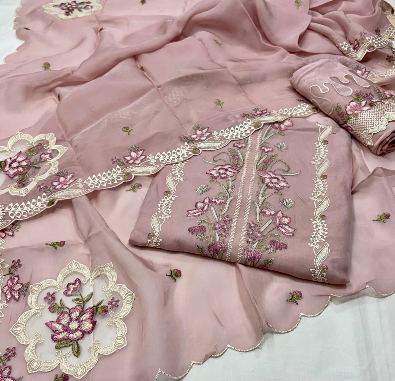 Pure Organza Resham Thread Work with Pure Crepe Bottom Suit
