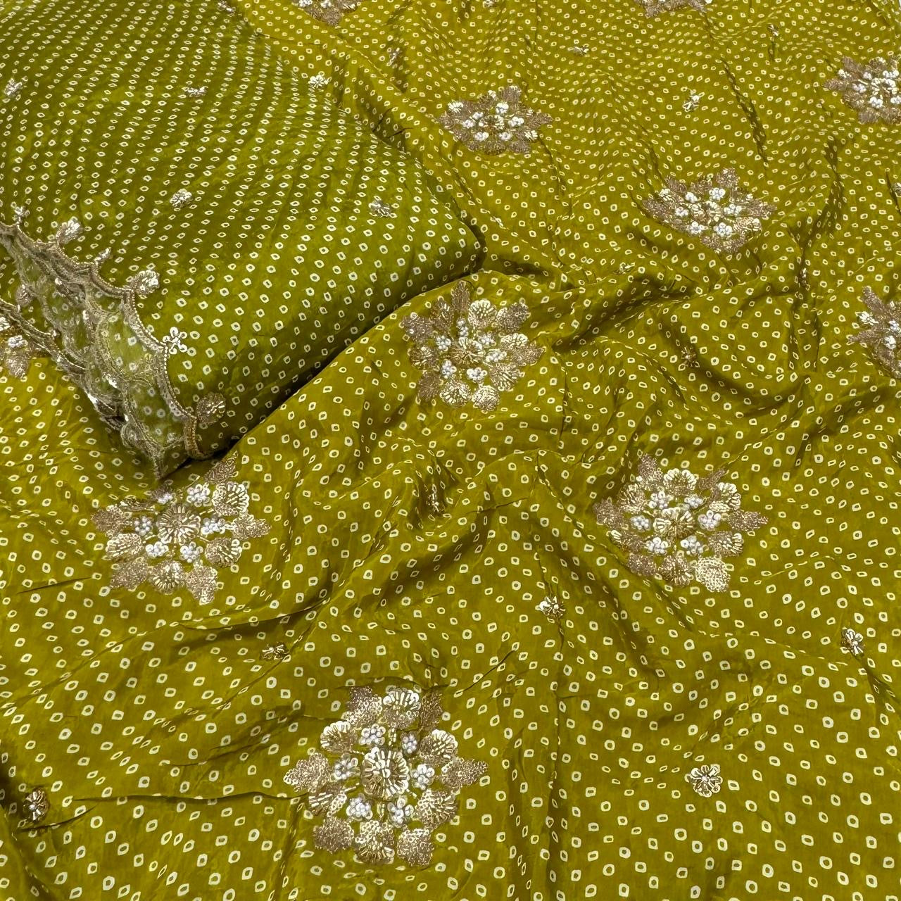 Pure Crepe Bandhani Cutdana Nalki Work with Matching Chinon Dupatta