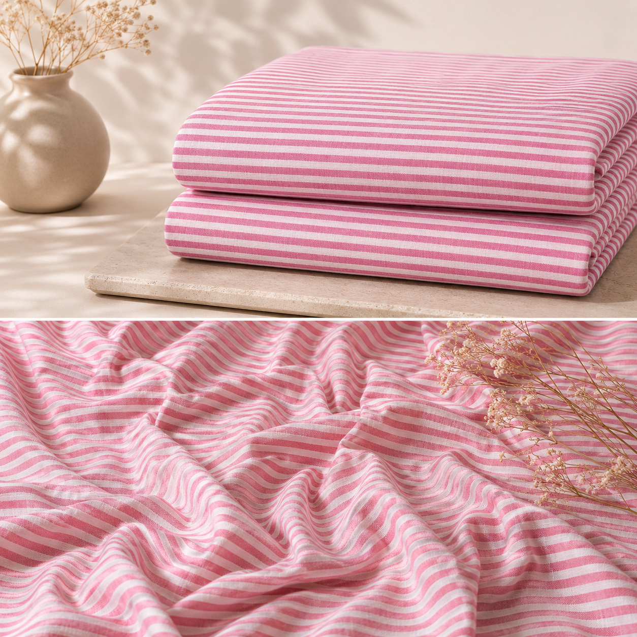 Pink White Striped Handloom Cotton Fabric | Soft Breathable Cotton Dress Material
