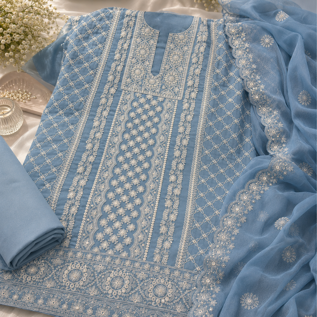 Pure Viscose Georgette Lakhnavi Embroidered Unstitched Suit with Faux Mirror Work & Pure Chiffon Dupatta (₹2599 per suit)