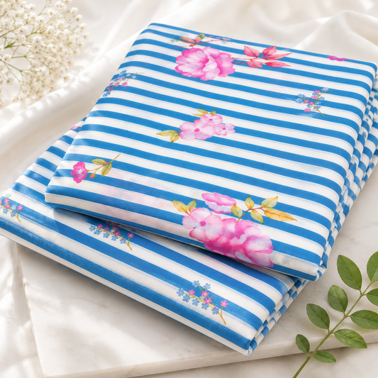 Pure Organic Cotton Digital Print Floral Stripe Fabric – Blue | Soft Breathable Summer Fabric | 44” Width (₹300 per meter)
