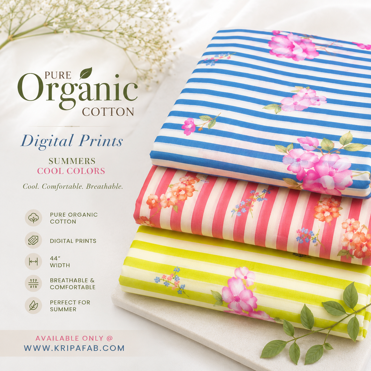 Pure Organic Cotton Digital Print Floral Stripe Fabric – Lime Yellow | Soft Breathable Summer Fabric | 44” Width (₹300 per meter)