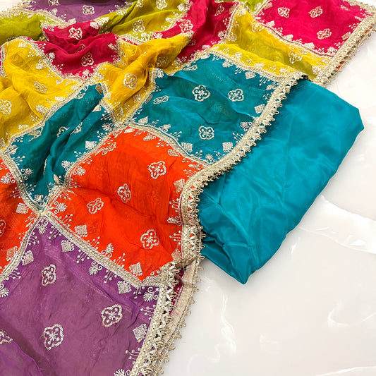 Multi Color Organza Embroidered Dupatta with Matching Pure Crepe Combo