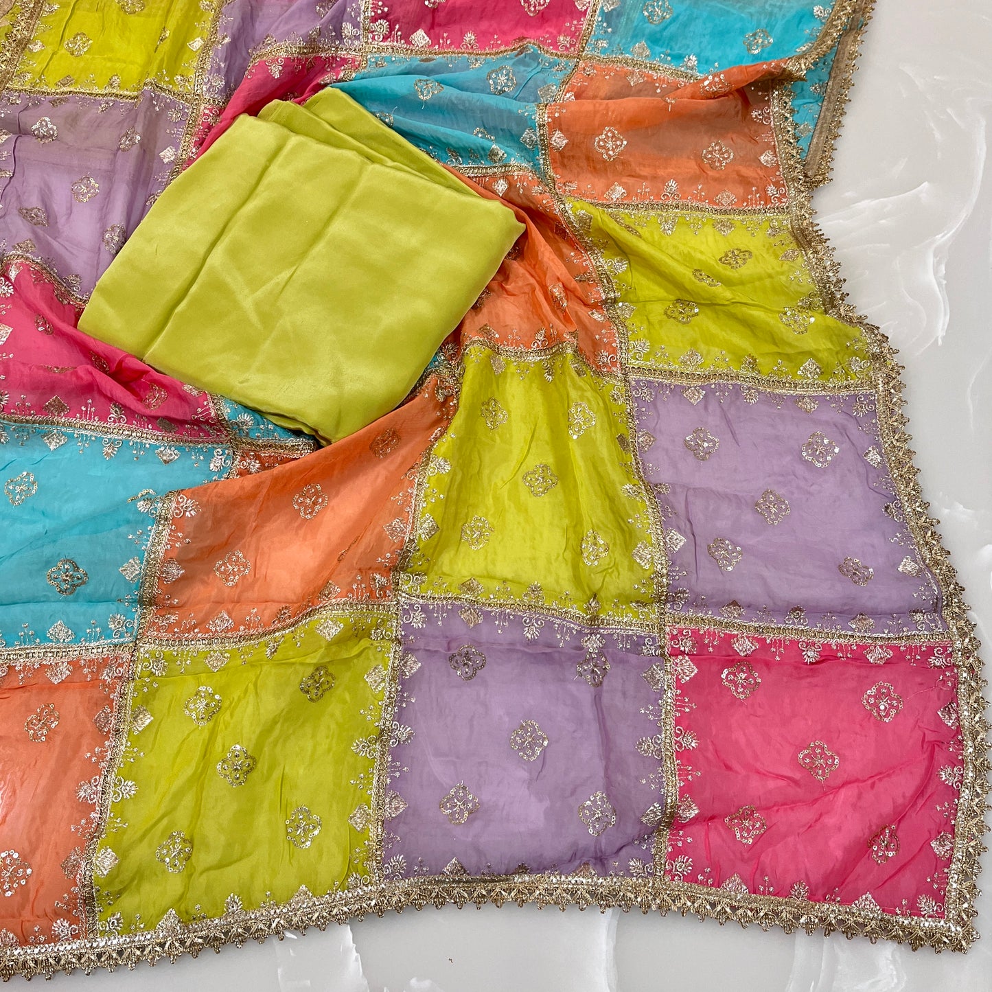 Multi Color Organza Embroidered Dupatta with Matching Pure Crepe Combo