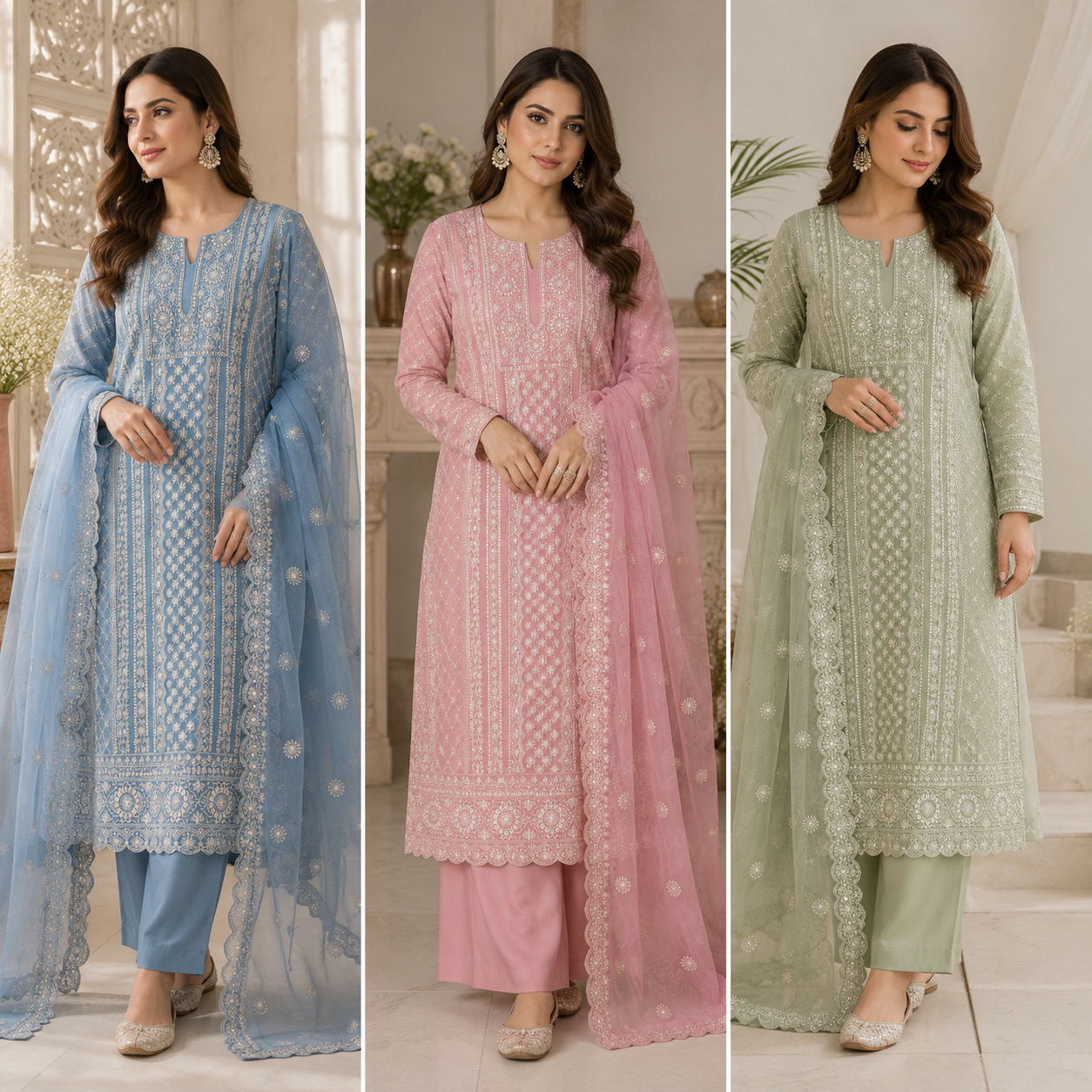 Pure Viscose Georgette Lakhnavi Embroidered Unstitched Suit with Faux Mirror Work & Pure Chiffon Dupatta (₹2599 per suit)