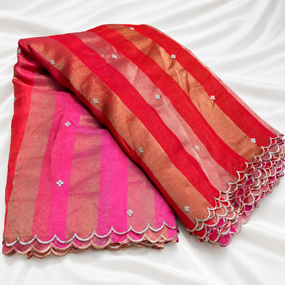 4D Organza Tissue Stripes with Scallop Borders 40” (₹450 per meter)