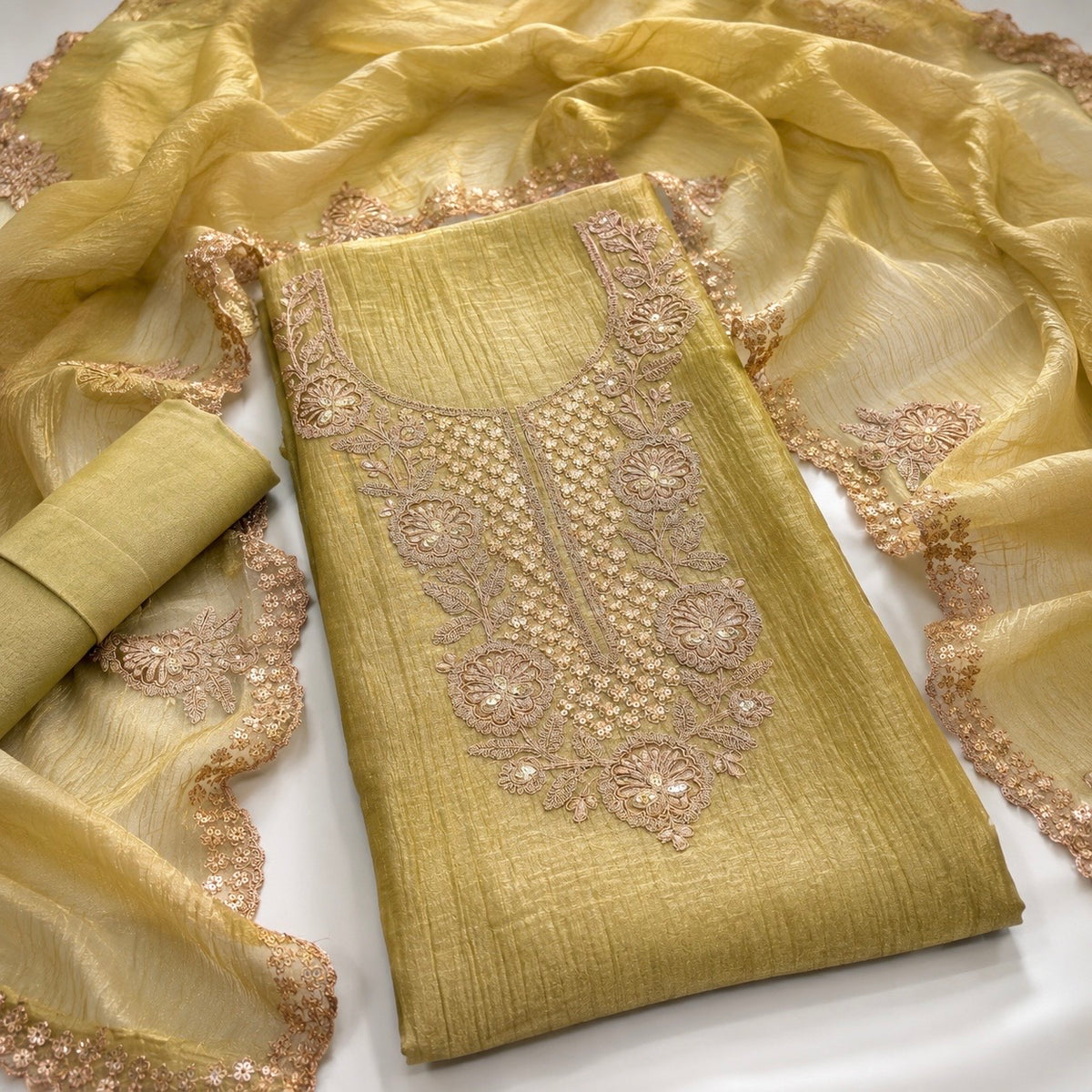 Premium Crush Tissue Embroidered Unstitched Suit Set | Festive Wear Dress Material | 4 Colours (₹4400 per suit)