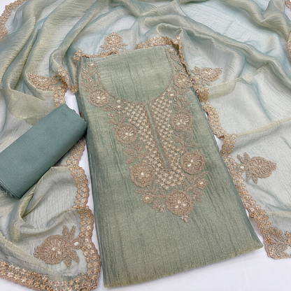Premium Crush Tissue Embroidered Unstitched Suit Set | Festive Wear Dress Material | 4 Colours (₹4400 per suit)