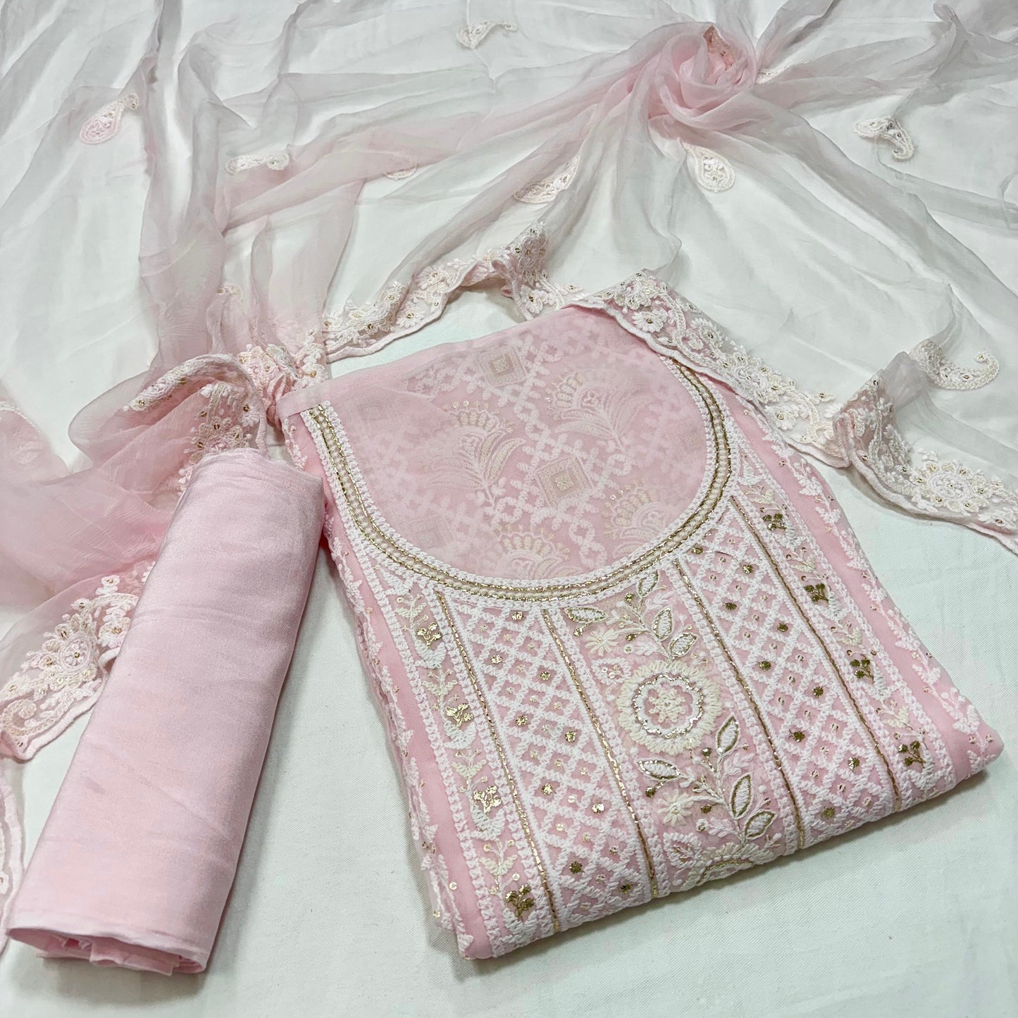 Pure Georgette Lakhnawi work Unstitched Patel Suit