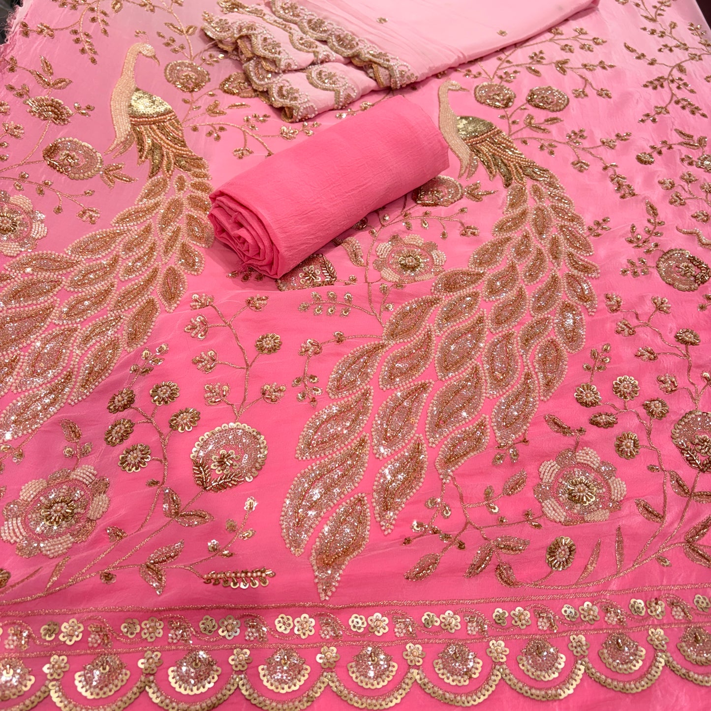 Peacock Crepe Cutdana Nalki Work Unstitched Suit