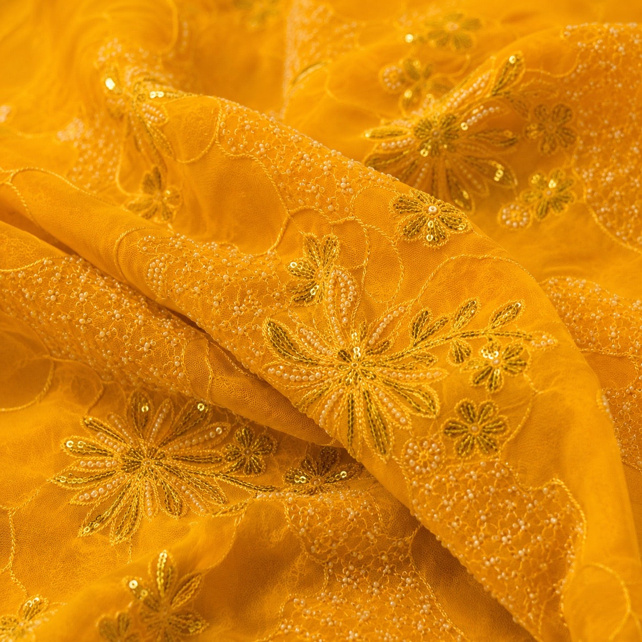 Yellow Heavy Beads & Sequins Embroidered Designer Georgette Fabric (₹950 per meter)