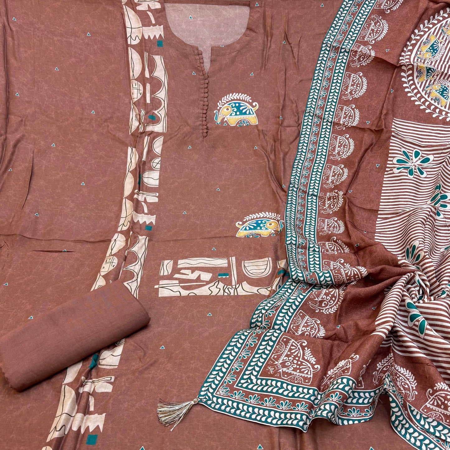 Premium Brown Printed Dola Silk Unstitched Suit Set | Printed Dupatta & Soft Silk Bottom (₹3350 per suit)
