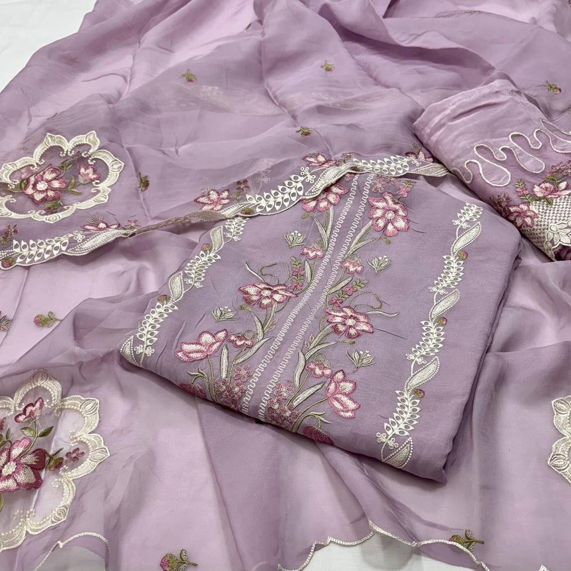Pure Organza Resham Thread Work with Pure Crepe Bottom Suit
