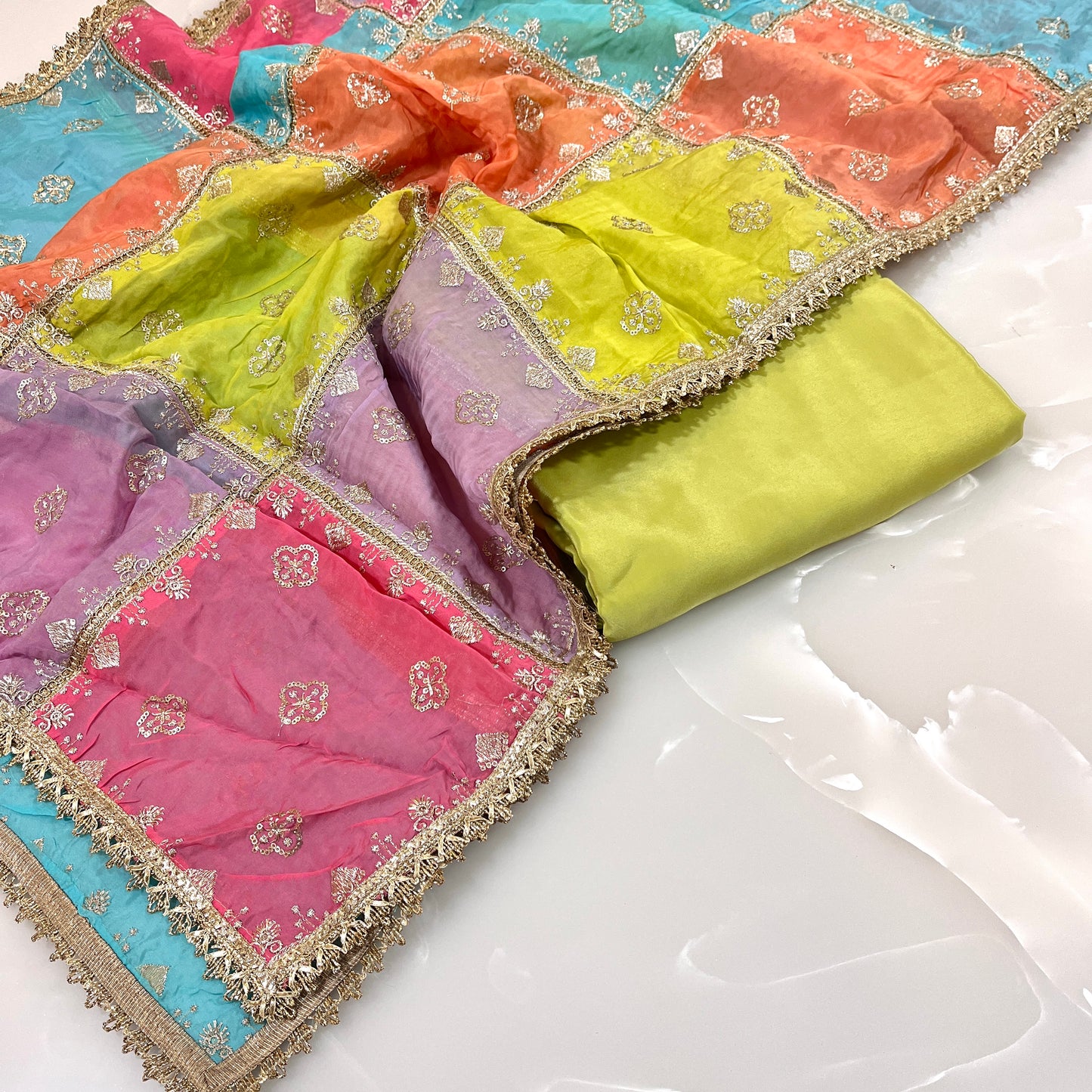 Multi Color Organza Embroidered Dupatta with Matching Pure Crepe Combo